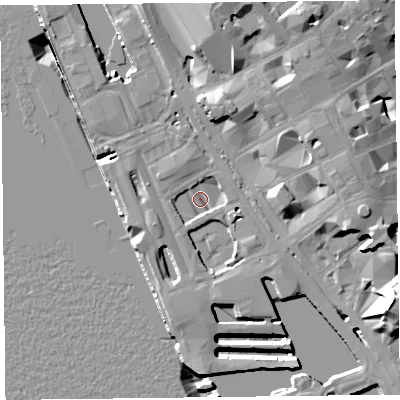 Shaded relief map of the ground around L31EL, computed from Environment Agency LiDAR. The ground here sits at about 6 m above sea level and falls 22 m across the surrounding 800 m. Surface water reaching this point runs off ground lying to the south-south-west, 2.1 m higher.