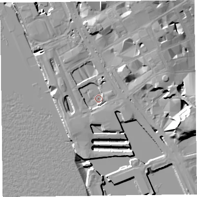 Shaded relief map of the ground around L31NW, computed from Environment Agency LiDAR. The ground here sits at about 5 m above sea level and falls 21 m across the surrounding 800 m. Surface water reaching this point runs off ground lying to the east-south-east, 2.5 m higher.