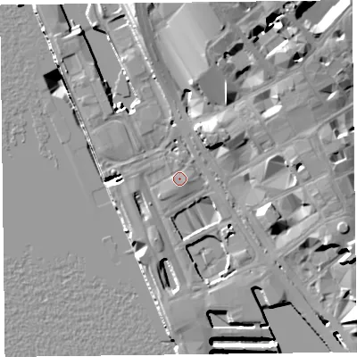 Shaded relief map of the ground around L31PS, computed from Environment Agency LiDAR. The ground here sits at about 7 m above sea level and falls 25 m across the surrounding 800 m. Surface water reaching this point runs off ground lying to the south-south-west, 0.7 m higher.