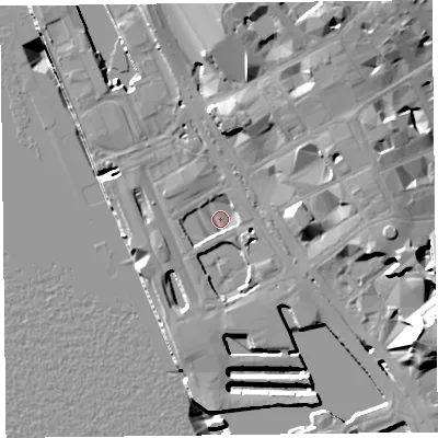 Shaded relief map of the ground around L31QL, computed from Environment Agency LiDAR. The ground here sits at about 5 m above sea level and falls 22 m across the surrounding 800 m. Surface water reaching this point runs off ground lying to the south-west, 2.1 m higher.
