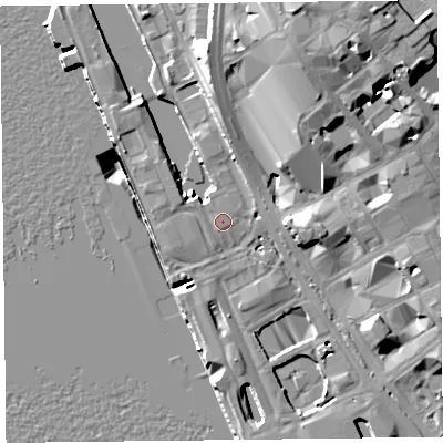 Shaded relief map of the ground around L31QW, computed from Environment Agency LiDAR. The ground here sits at about 7 m above sea level and falls 26 m across the surrounding 800 m. The ground contributing surface water to this point lies to the north-north-west.