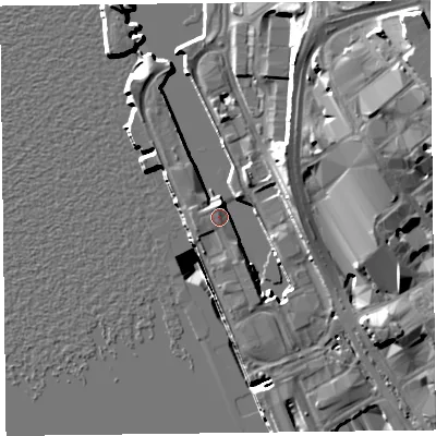 Shaded relief map of the ground around L31QY, computed from Environment Agency LiDAR. The ground here sits at about 8 m above sea level and falls 26 m across the surrounding 800 m. Surface water reaching this point runs off ground lying to the east, 6.5 m higher.
