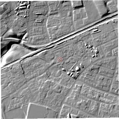 Shaded relief map of the ground around L321BB, computed from Environment Agency LiDAR. The ground here sits at about 30 m above sea level and falls 15 m across the surrounding 800 m. Surface water reaching this point runs off ground lying to the north-east, 3.6 m higher.