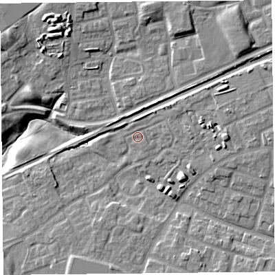 Shaded relief map of the ground around L321BL, computed from Environment Agency LiDAR. The ground here sits at about 30 m above sea level and falls 15 m across the surrounding 800 m. Surface water reaching this point runs off ground lying to the north-east, 2.6 m higher.