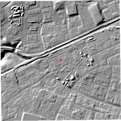 Shaded relief map of the ground around L321BP, computed from Environment Agency LiDAR. The ground here sits at about 31 m above sea level and falls 14 m across the surrounding 800 m. Surface water reaching this point runs off ground lying to the north-east, 2.9 m higher.