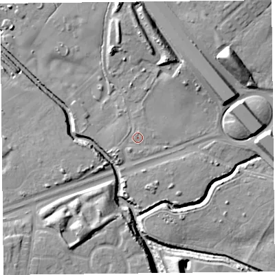 Shaded relief map of the ground around L324SE, computed from Environment Agency LiDAR. The ground here sits at about 14 m above sea level and falls 17 m across the surrounding 800 m. Surface water reaching this point runs off ground lying to the north-north-east, 5.7 m higher.