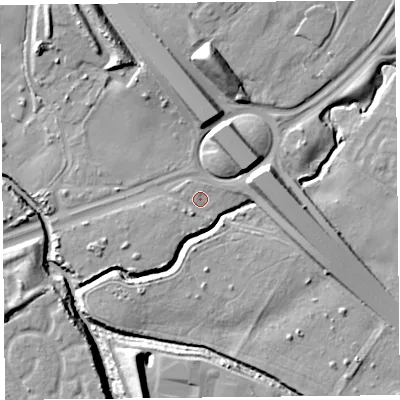 Shaded relief map of the ground around L324SF, computed from Environment Agency LiDAR. The ground here sits at about 15 m above sea level and falls 17 m across the surrounding 800 m. Surface water reaching this point runs off ground lying to the south-south-west, 1.6 m higher.