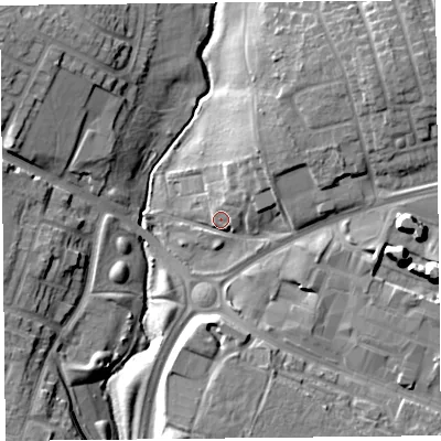 Shaded relief map of the ground around L325TH, computed from Environment Agency LiDAR. The ground here sits at about 22 m above sea level and falls 18 m across the surrounding 800 m. Surface water reaching this point runs off ground lying to the east-north-east, 8.6 m higher.
