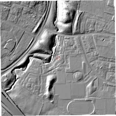 Shaded relief map of the ground around L329SJ, computed from Environment Agency LiDAR. The ground here sits at about 16 m above sea level and falls 16 m across the surrounding 800 m. Surface water reaching this point runs off ground lying to the north-north-east, 13.5 m higher.