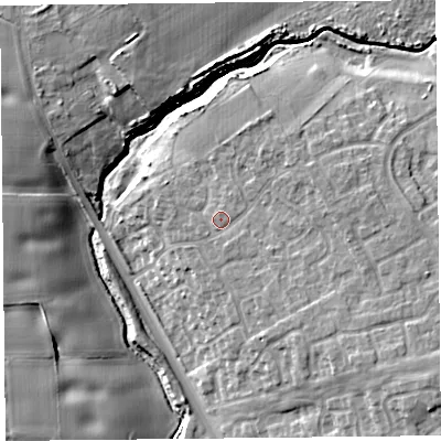 Shaded relief map of the ground around L331ED, computed from Environment Agency LiDAR. The ground here sits at about 32 m above sea level and falls 14 m across the surrounding 800 m. Surface water reaching this point runs off ground lying to the south-south-east, 1.0 m higher.