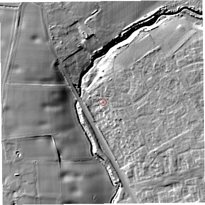 Shaded relief map of the ground around L331EE, computed from Environment Agency LiDAR. The ground here sits at about 29 m above sea level and falls 13 m across the surrounding 800 m. Surface water reaching this point runs off ground lying to the north-north-east, 5.0 m higher.