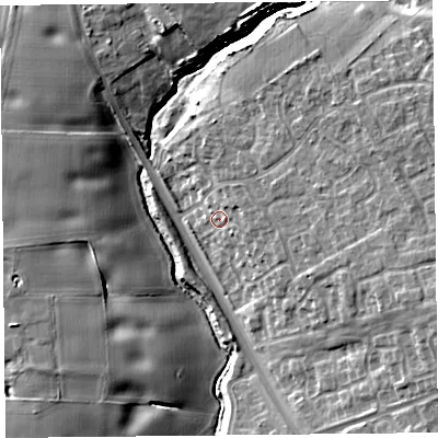 Shaded relief map of the ground around L331EF, computed from Environment Agency LiDAR. The ground here sits at about 28 m above sea level and falls 14 m across the surrounding 800 m. Surface water reaching this point runs off ground lying to the east, 4.4 m higher.