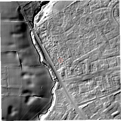 Shaded relief map of the ground around L331EH, computed from Environment Agency LiDAR. The ground here sits at about 27 m above sea level and falls 14 m across the surrounding 800 m. Surface water reaching this point runs off ground lying to the north-east, 6.8 m higher.