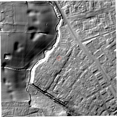 Shaded relief map of the ground around L332AF, computed from Environment Agency LiDAR. The ground here sits at about 28 m above sea level and falls 14 m across the surrounding 800 m. Surface water reaching this point runs off ground lying to the south-south-west, 1.4 m higher.
