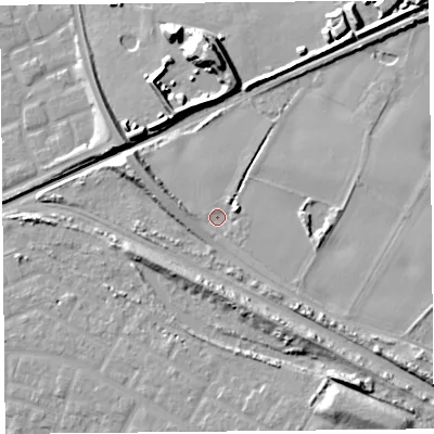 Shaded relief map of the ground around L333AU, computed from Environment Agency LiDAR. The ground here sits at about 36 m above sea level and falls 14 m across the surrounding 800 m. Surface water reaching this point runs off ground lying to the west-north-west, 4.8 m higher.