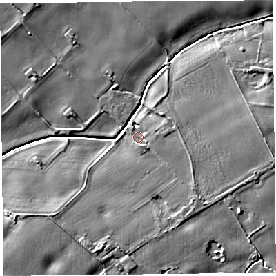 Shaded relief map of the ground around L334DJ, computed from Environment Agency LiDAR. The ground here sits at about 29 m above sea level and falls 8 m across the surrounding 800 m. Surface water reaching this point runs off ground lying to the south-east, 2.8 m higher.
