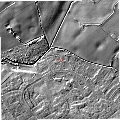 Shaded relief map of the ground around L334DL, computed from Environment Agency LiDAR. The ground here sits at about 27 m above sea level and falls 10 m across the surrounding 800 m. Surface water reaching this point runs off ground lying to the south-south-east, 7.2 m higher.