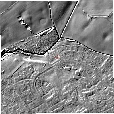 Shaded relief map of the ground around L334DR, computed from Environment Agency LiDAR. The ground here sits at about 28 m above sea level and falls 11 m across the surrounding 800 m. Surface water reaching this point runs off ground lying to the south, 7.0 m higher.
