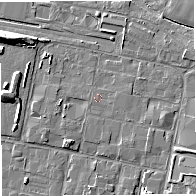 Shaded relief map of the ground around L337UL, computed from Environment Agency LiDAR. The ground here sits at about 40 m above sea level and falls 17 m across the surrounding 800 m. Surface water reaching this point runs off ground lying to the south-east, 2.0 m higher.
