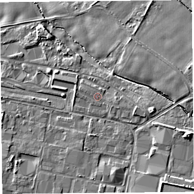 Shaded relief map of the ground around L337UY, computed from Environment Agency LiDAR. The ground here sits at about 40 m above sea level and falls 13 m across the surrounding 800 m. Surface water reaching this point runs off ground lying to the west-north-west, 1.0 m higher.