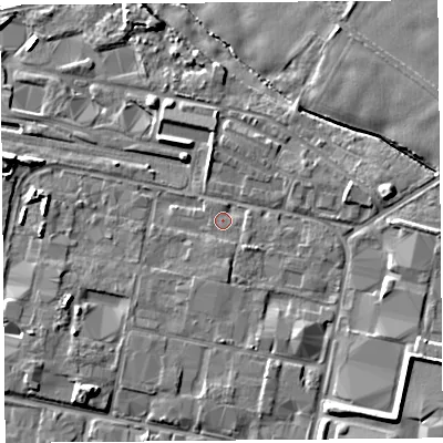 Shaded relief map of the ground around L337UZ, computed from Environment Agency LiDAR. The ground here sits at about 39 m above sea level and falls 11 m across the surrounding 800 m. Surface water reaching this point runs off ground lying to the south-east, 1.8 m higher.