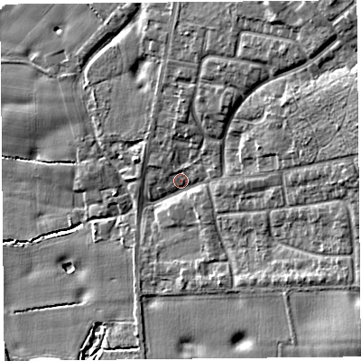 Shaded relief map of the ground around L340EN, computed from Environment Agency LiDAR. The ground here sits at about 28 m above sea level and falls 17 m across the surrounding 800 m. Surface water reaching this point runs off ground lying to the north-east, 11.9 m higher.