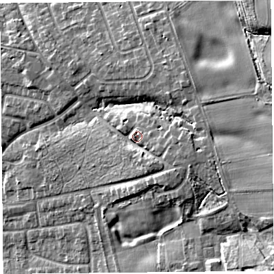 Shaded relief map of the ground around L340EY, computed from Environment Agency LiDAR. The ground here sits at about 41 m above sea level and falls 19 m across the surrounding 800 m. Surface water reaching this point runs off ground lying to the south-east, 4.8 m higher.
