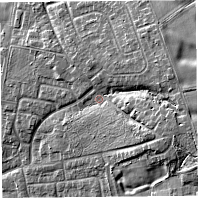 Shaded relief map of the ground around L340HB, computed from Environment Agency LiDAR. The ground here sits at about 36 m above sea level and falls 18 m across the surrounding 800 m. Surface water reaching this point runs off ground lying to the east-south-east, 8.4 m higher.