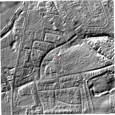 Shaded relief map of the ground around L340HF, computed from Environment Agency LiDAR. The ground here sits at about 33 m above sea level and falls 20 m across the surrounding 800 m. Surface water reaching this point runs off ground lying to the north-east, 1.5 m higher.