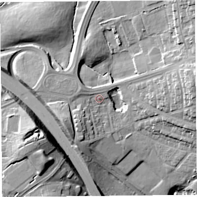 Shaded relief map of the ground around L341NL, computed from Environment Agency LiDAR. The ground here sits at about 55 m above sea level and falls 31 m across the surrounding 800 m. Surface water reaching this point runs off ground lying to the west-south-west, 10.5 m higher.