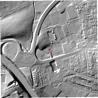 Shaded relief map of the ground around L343LX, computed from Environment Agency LiDAR. The ground here sits at about 52 m above sea level and falls 29 m across the surrounding 800 m. Surface water reaching this point runs off ground lying to the south-west, 7.6 m higher.