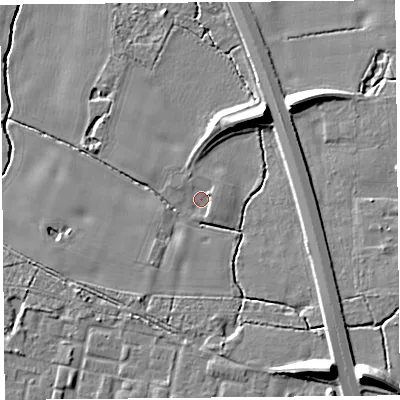 Shaded relief map of the ground around L347HB, computed from Environment Agency LiDAR. The ground here sits at about 23 m above sea level and falls 14 m across the surrounding 800 m. Surface water reaching this point runs off ground lying to the south-east, 11.7 m higher.