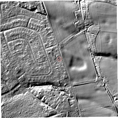 Shaded relief map of the ground around L348HB, computed from Environment Agency LiDAR. The ground here sits at about 41 m above sea level and falls 16 m across the surrounding 800 m. Surface water reaching this point runs off ground lying to the east, 1.4 m higher.