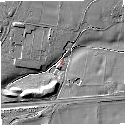 Shaded relief map of the ground around L348HH, computed from Environment Agency LiDAR. The ground here sits at about 43 m above sea level and falls 17 m across the surrounding 800 m. Surface water reaching this point runs off ground lying to the north-east, 11.7 m higher.