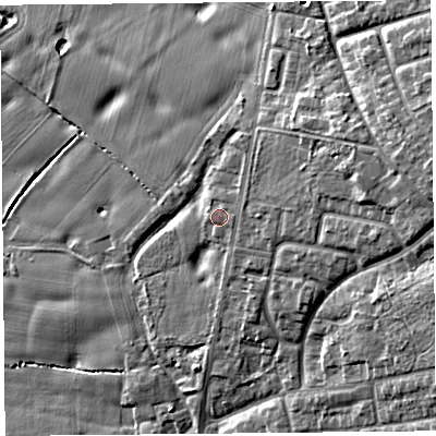 Shaded relief map of the ground around L349EA, computed from Environment Agency LiDAR. The ground here sits at about 31 m above sea level and falls 17 m across the surrounding 800 m. Surface water reaching this point runs off ground lying to the north-north-east, 1.3 m higher.