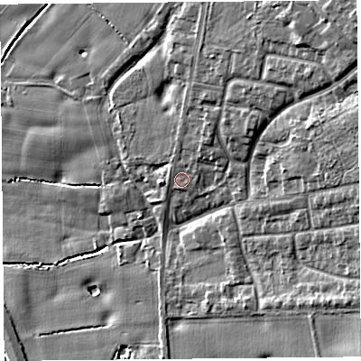 Shaded relief map of the ground around L349EF, computed from Environment Agency LiDAR. The ground here sits at about 28 m above sea level and falls 17 m across the surrounding 800 m. Surface water reaching this point runs off ground lying to the north-north-east, 3.8 m higher.