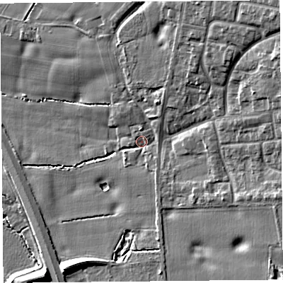 Shaded relief map of the ground around L349EG, computed from Environment Agency LiDAR. The ground here sits at about 25 m above sea level and falls 15 m across the surrounding 800 m. Surface water reaching this point runs off ground lying to the north-east, 11.1 m higher.