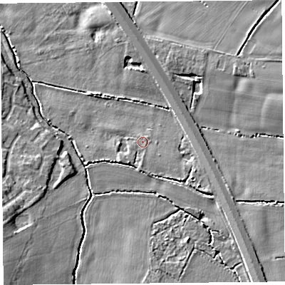 Shaded relief map of the ground around L349EQ, computed from Environment Agency LiDAR. The ground here sits at about 21 m above sea level and falls 8 m across the surrounding 800 m. Surface water reaching this point runs off ground lying to the south-east, 3.4 m higher.