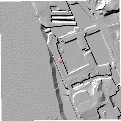 Shaded relief map of the ground around L34AA, computed from Environment Agency LiDAR. The ground here sits at about 7 m above sea level and falls 21 m across the surrounding 800 m. Surface water reaching this point runs off ground lying to the east-north-east, 4.8 m higher.