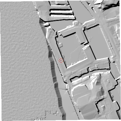 Shaded relief map of the ground around L34AB, computed from Environment Agency LiDAR. The ground here sits at about 7 m above sea level and falls 21 m across the surrounding 800 m. Surface water reaching this point runs off ground lying to the east-north-east, 4.8 m higher.