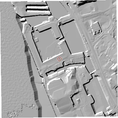 Shaded relief map of the ground around L34AD, computed from Environment Agency LiDAR. The ground here sits at about 7 m above sea level and falls 19 m across the surrounding 800 m. The ground contributing surface water to this point lies to the north-north-east.