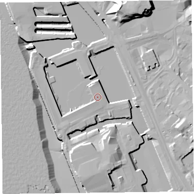 Shaded relief map of the ground around L34AE, computed from Environment Agency LiDAR. The ground here sits at about 7 m above sea level and falls 21 m across the surrounding 800 m. Surface water reaching this point runs off ground lying to the west-south-west, 4.2 m higher.