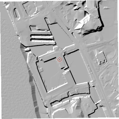 Shaded relief map of the ground around L34AF, computed from Environment Agency LiDAR. The ground here sits at about 7 m above sea level and falls 21 m across the surrounding 800 m. Surface water reaching this point runs off ground lying to the south-south-east, 7.9 m higher.