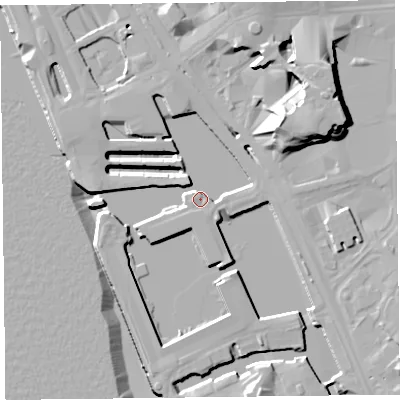 Shaded relief map of the ground around L34AN, computed from Environment Agency LiDAR. The ground here sits at about 7 m above sea level and falls 21 m across the surrounding 800 m. Surface water reaching this point runs off ground lying to the east-north-east, 10.0 m higher.