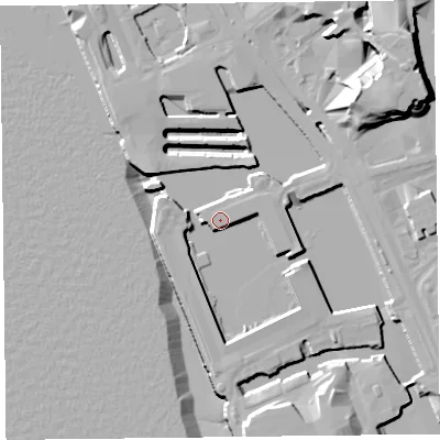 Shaded relief map of the ground around L34AQ, computed from Environment Agency LiDAR. The ground here sits at about 7 m above sea level and falls 21 m across the surrounding 800 m. Surface water reaching this point runs off ground lying to the south-south-east, 7.9 m higher.