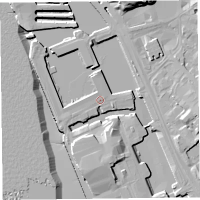 Shaded relief map of the ground around L34AS, computed from Environment Agency LiDAR. The ground here sits at about 7 m above sea level and falls 21 m across the surrounding 800 m. Surface water reaching this point runs off ground lying to the south-west, 0.8 m higher.