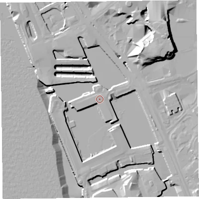 Shaded relief map of the ground around L34AX, computed from Environment Agency LiDAR. The ground here sits at about 7 m above sea level and falls 21 m across the surrounding 800 m. Surface water reaching this point runs off ground lying to the south-south-east, 7.8 m higher.