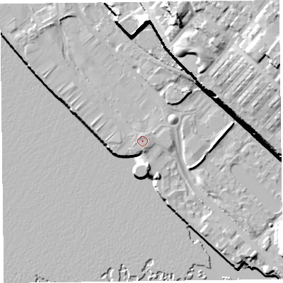 Shaded relief map of the ground around L34AY, computed from Environment Agency LiDAR. The ground here sits at about 8 m above sea level and falls 42 m across the surrounding 800 m. Surface water reaching this point runs off ground lying to the north-east, 2.3 m higher.