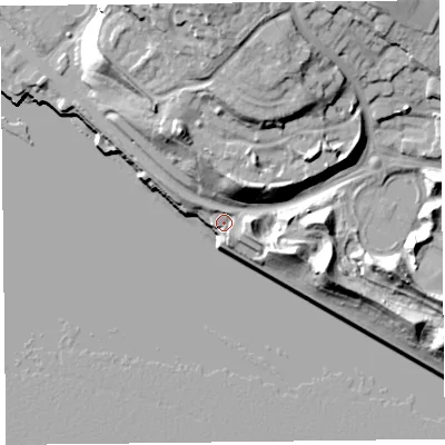 Shaded relief map of the ground around L34AZ, computed from Environment Agency LiDAR. The ground here sits at about 8 m above sea level and falls 30 m across the surrounding 800 m. Surface water reaching this point runs off ground lying to the north, 21.4 m higher.