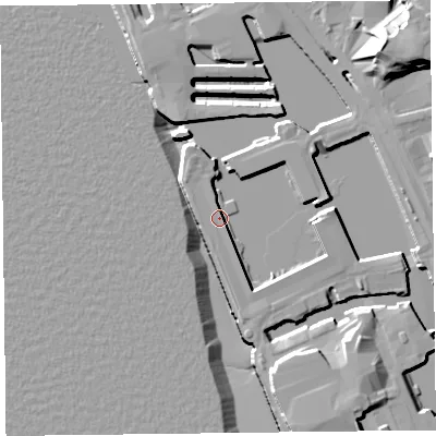 Shaded relief map of the ground around L34BB, computed from Environment Agency LiDAR. The ground here sits at about 7 m above sea level and falls 21 m across the surrounding 800 m. Surface water reaching this point runs off ground lying to the east, 4.8 m higher.